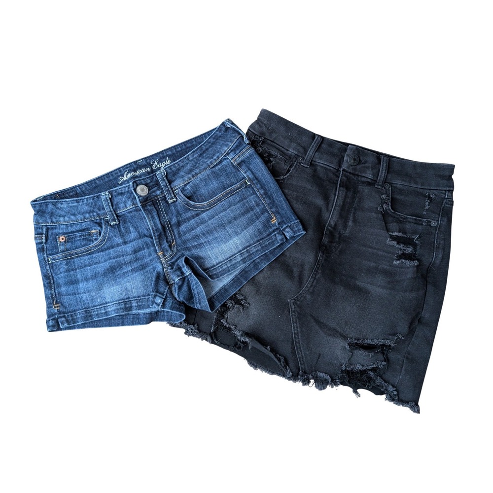 American Eagle Denim Bundle Black Distressed Mini Skirt & Blue Stretch Shorts 6